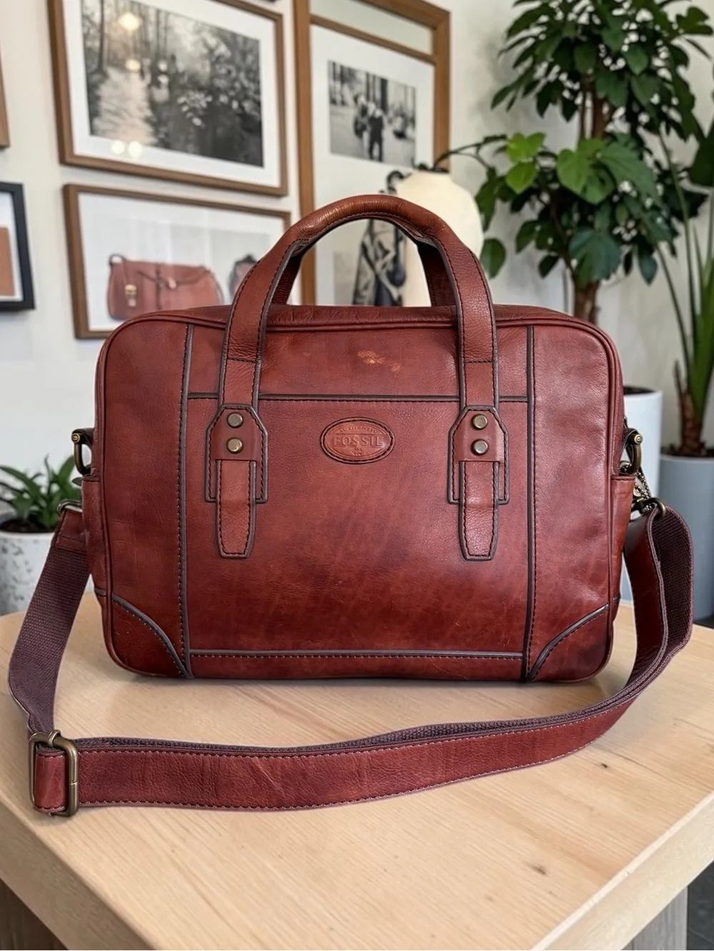 Fossil Chestnut Brown Leather Laptop Bag with Shoulder Strap